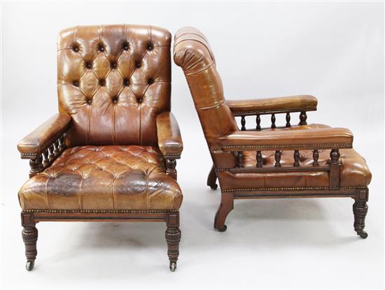 A pair of late Victorian mahogany club armchairs,